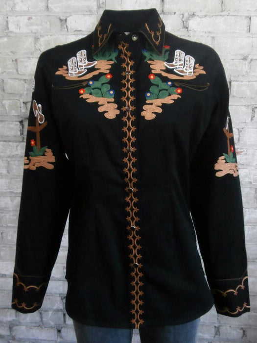 Rockmount Womens Black 100% Cotton Vintage Cactus & Boots L/S Shirt