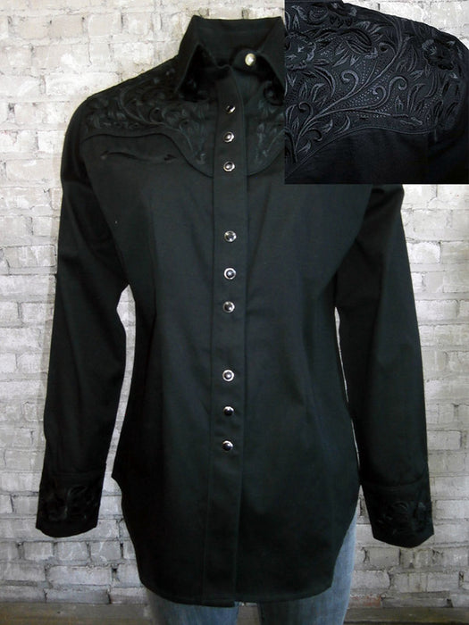 Rockmount Womens Black 100% Cotton Vintage Tooling Embroidered L/S Shirt