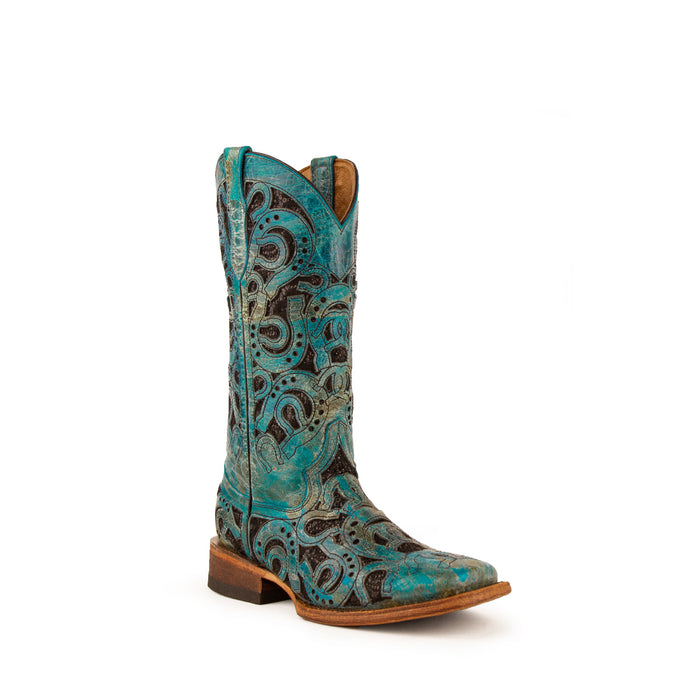 Ferrini Ladies Turquoise Leather Horseshoe S-Toe Cowboy Boots