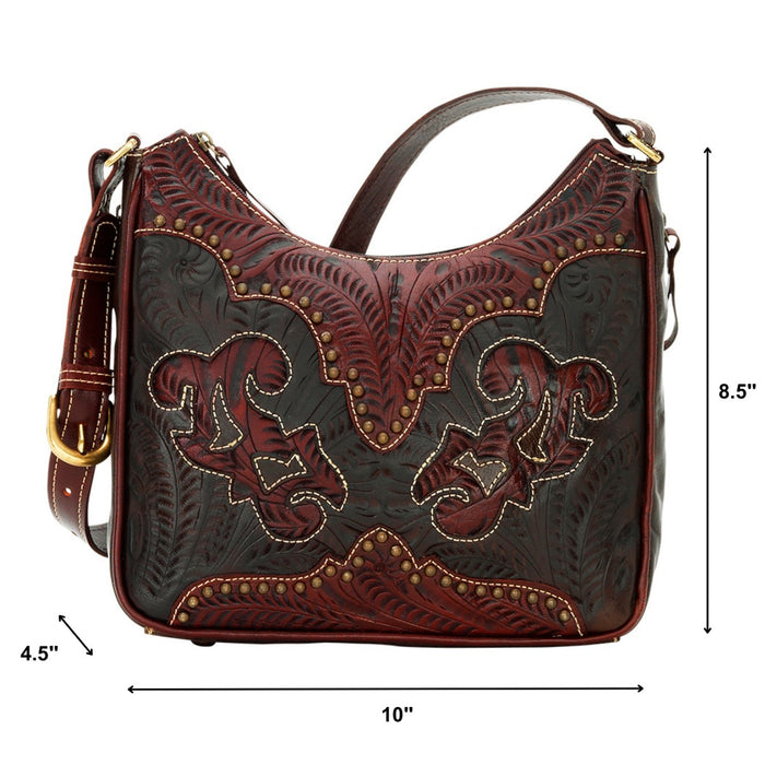 American West Annies Secret Collection 10in Choc/Crimson Leather Handbag Bag