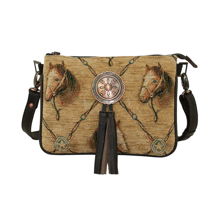 American West Womens Bits and Bridle Woven Tapestry Leather Crossbody Bag