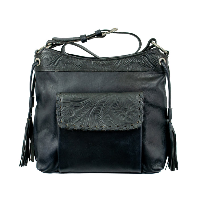 American West Womens Waxed Zip Top Black Leather Handbag Bag