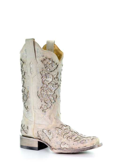 Corral Womens A3397 White Leather 11.5in Glitter Wedding Fashion Boots