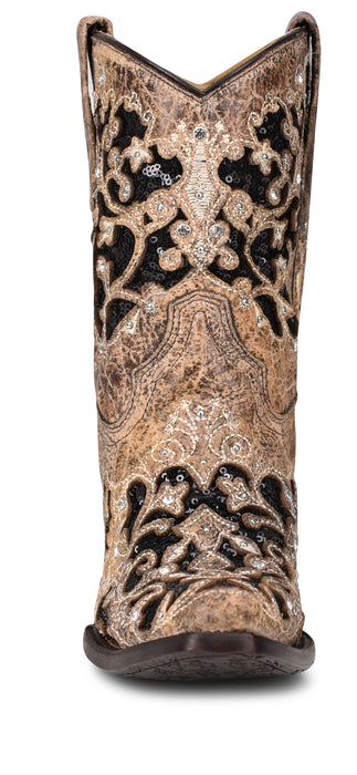 Corral Womens Glitter Inlay Floral Overlay Brown/Black Cowhide 8in Cowboy Boots