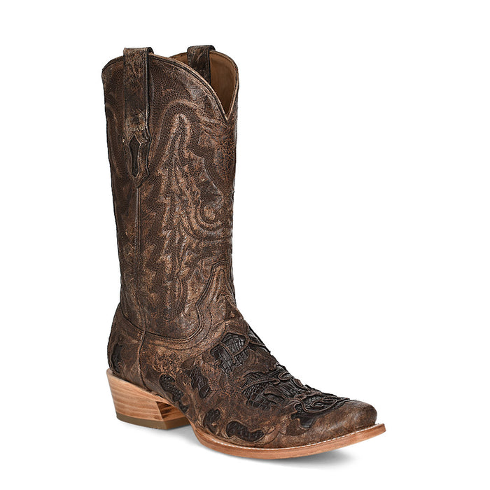 Corral Womens Inlay Horseman Toe Chocolate Alligator Leather 12.5in Cowboy Boots