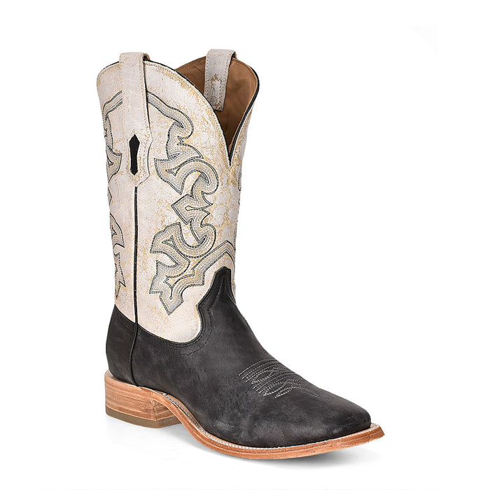 Corral Mens Distressed Embroidery Black/White Cowhide 12in Cowboy Boots