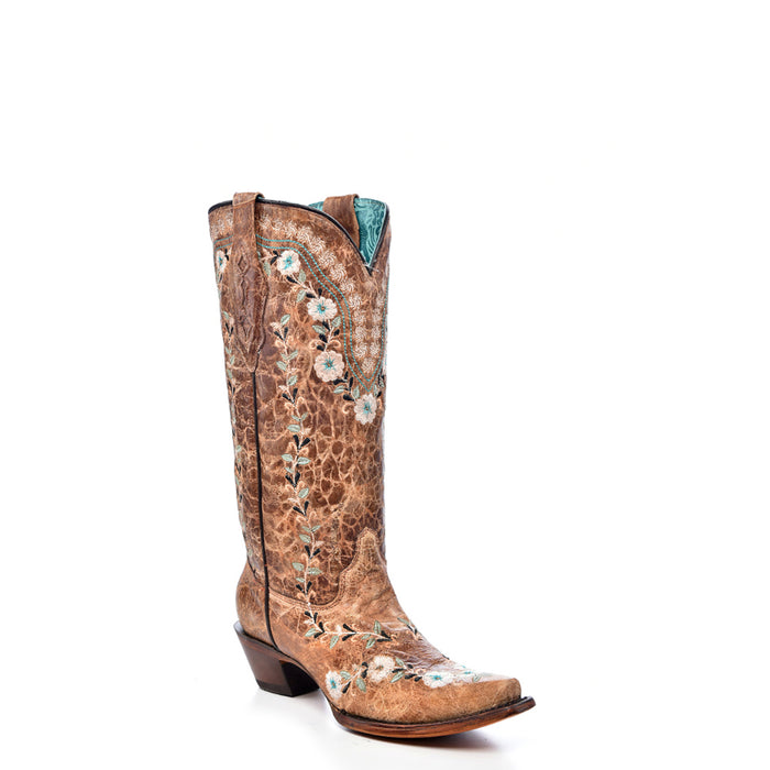 Corral Womens Glow in the Dark Floral Distress Cognac Leather 13in Cowboy Boots