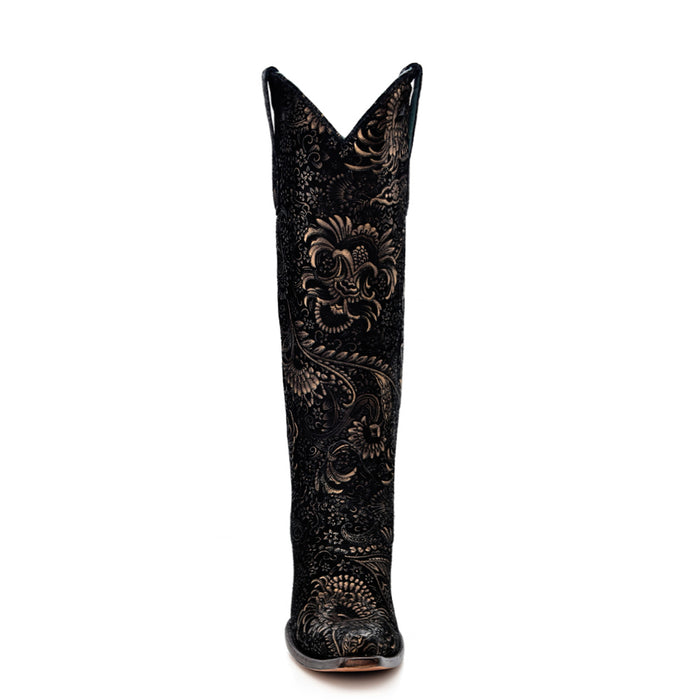 Corral Womens Gold Stamped Floral Snip Toe Black Cowhide 16in Cowboy Boots