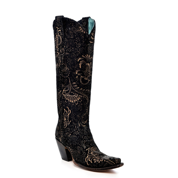 Corral Womens Gold Stamped Floral Snip Toe Black Cowhide 16in Cowboy Boots