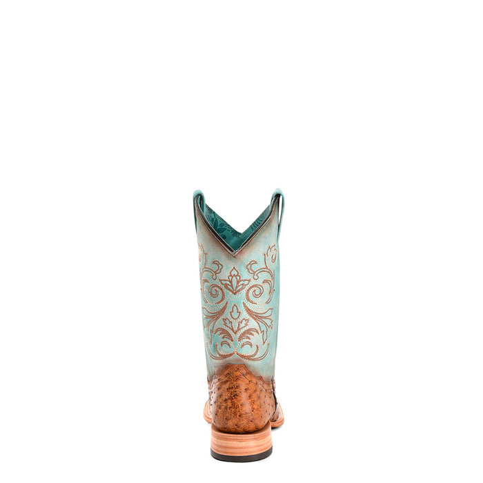 Corral Womens Embroidery Wide Square Toe Honey/Blue Ostrich Cowboy Boots