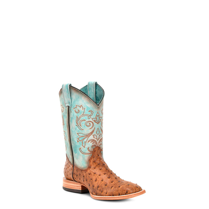 Corral Womens Embroidery Wide Square Toe Honey/Blue Ostrich Cowboy Boots