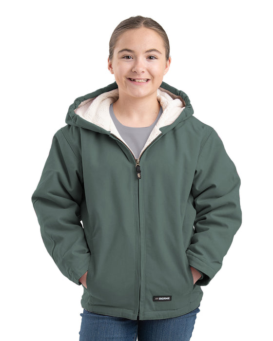 Berne Youth Girls Sherpa-Lined Softstone Hooded Eucalyptus 100% Cotton Jacket