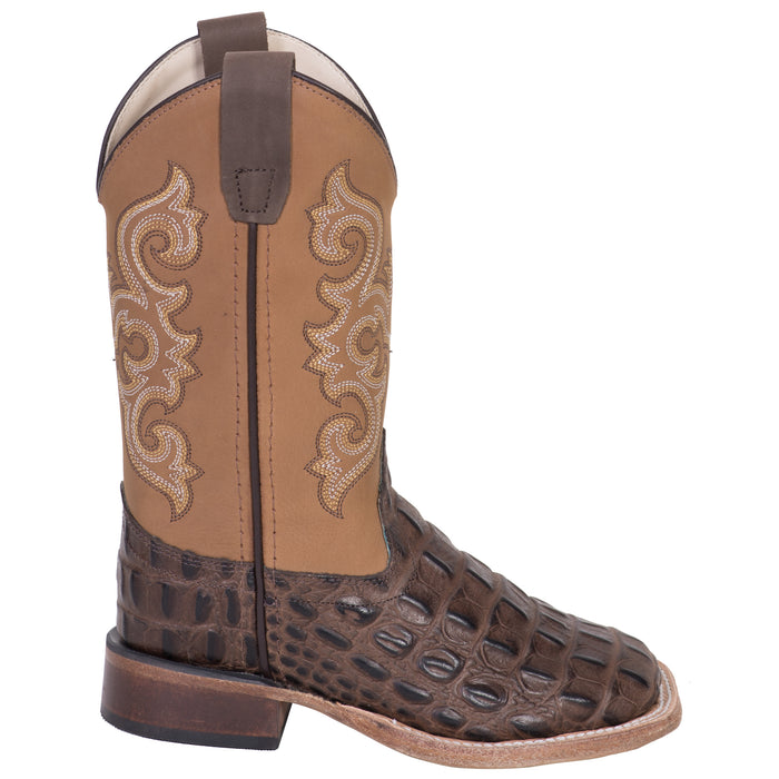 Old West Brown/Tan Kids Boys Leather Caiman Cowboy Boots