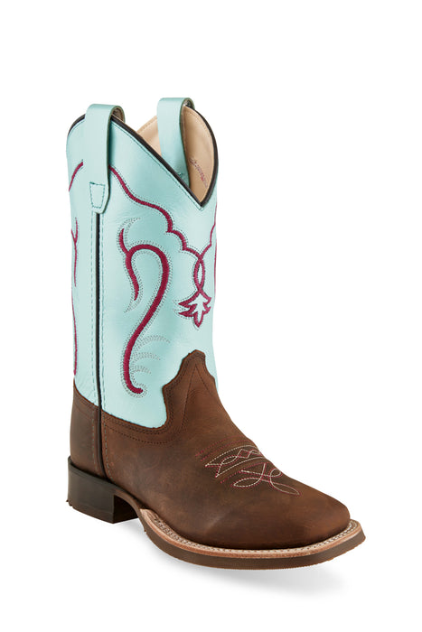 Old West Brown/Silver Blue Children Girls Leather Cowboy Boots