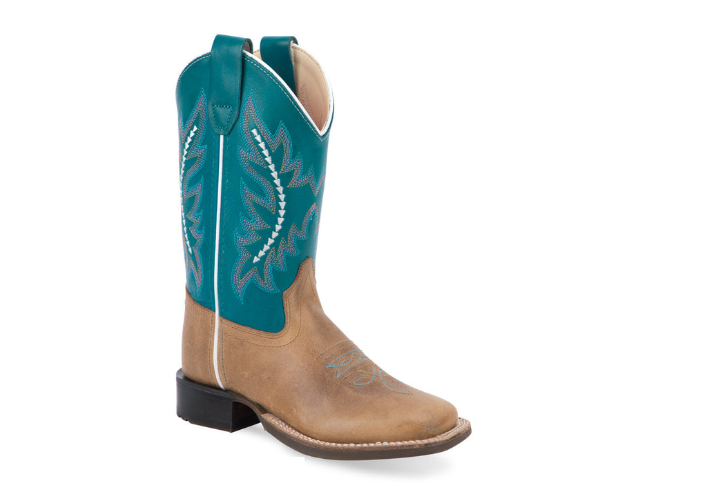 Old West Kids Unisex Broad Square Toe Tan/Turquoise Leather Cowboy Boots