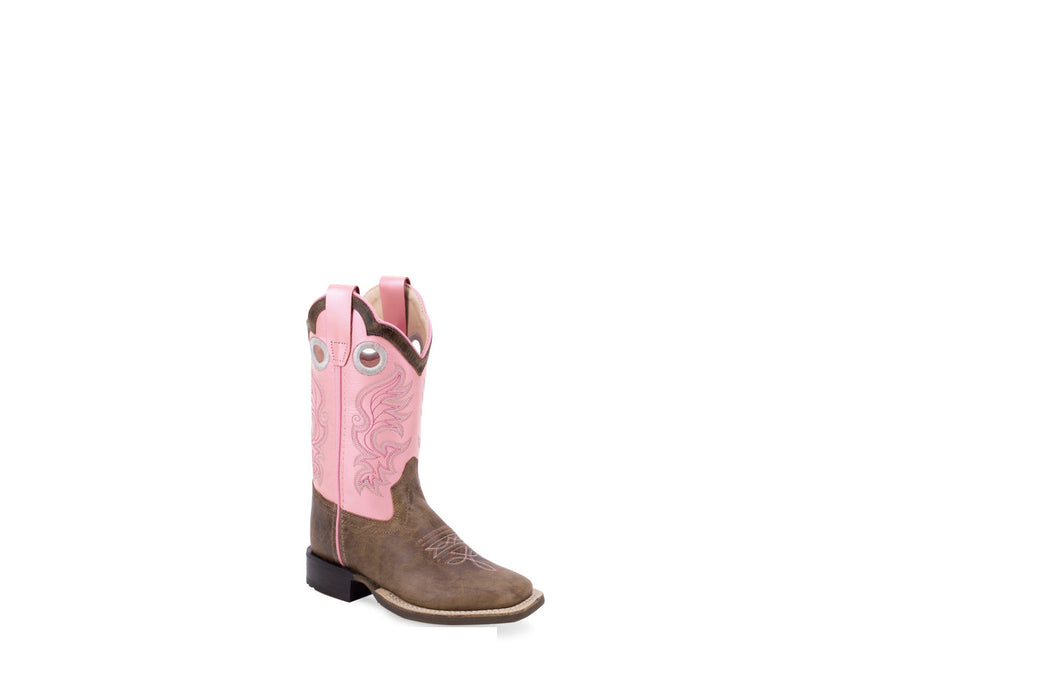 Old West Youth Girls Broad Square Toe Pink/Brown Leather Cowboy Boots