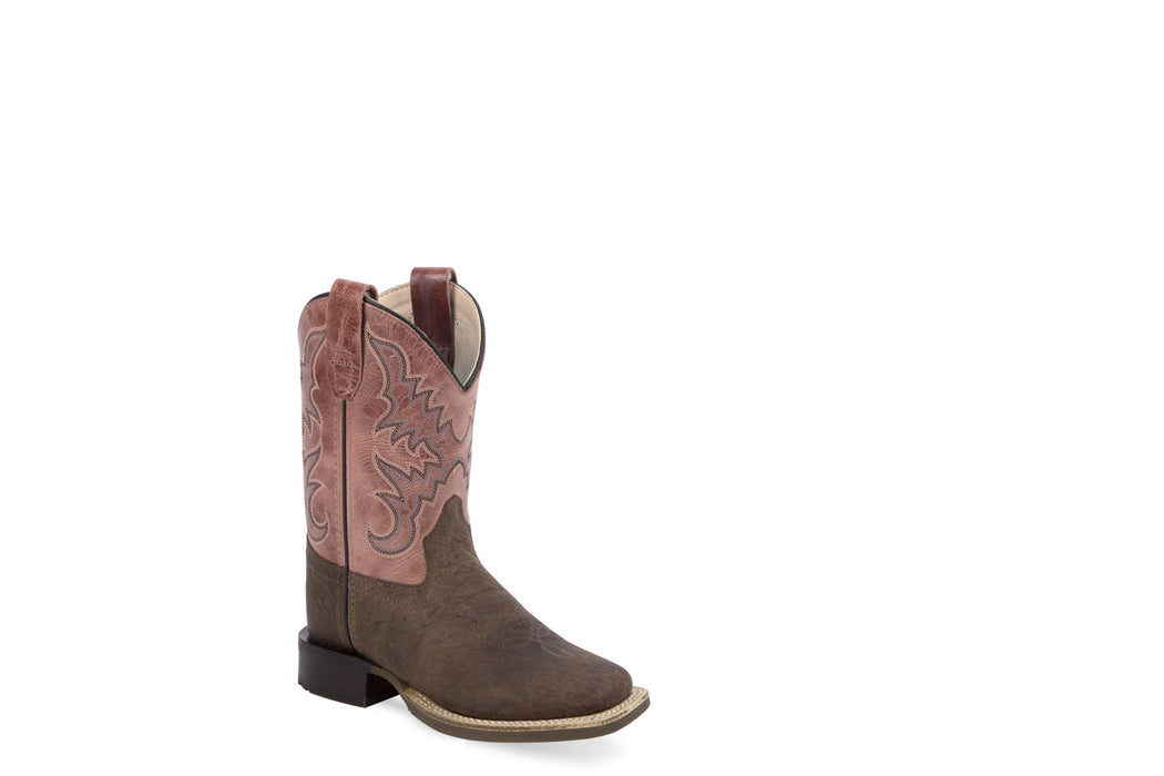 Old West Youth Girls Broad Square Toe Mauve/Brown Leather Cowboy Boots