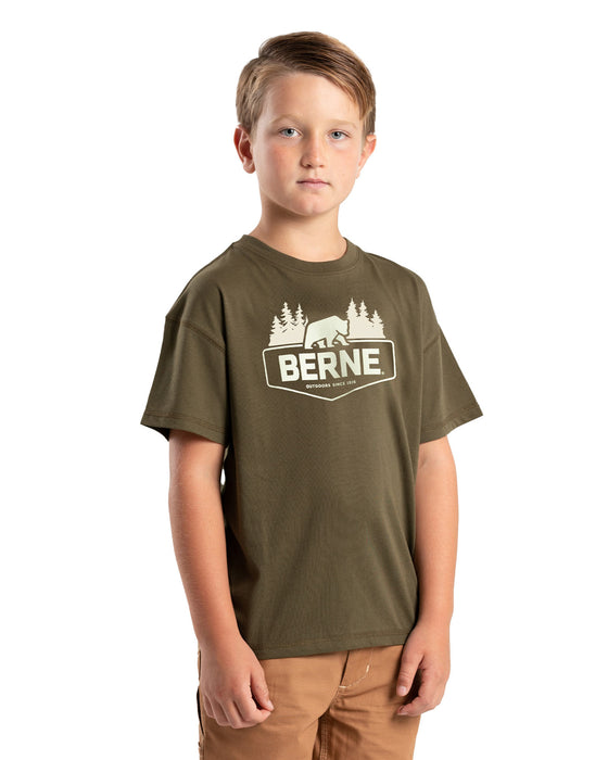 Berne Youth Unisex Outdoor Logo Cedar Green Cotton Blend S/S T-Shirt