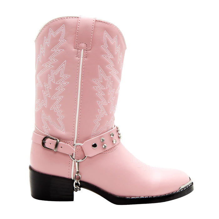 Durango Kids Girls Pink Faux Leather Harness Biker Chrome Cowboy Boots