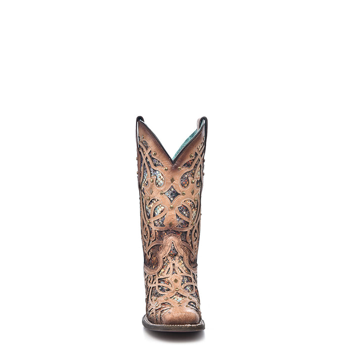 Corral Womens Glittered Inlay Studs Bone/Multi Cowhide Cowboy Boots