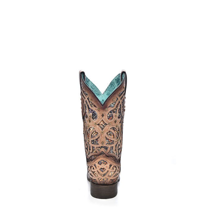 Corral Womens Glittered Inlay Studs Bone/Multi Cowhide Cowboy Boots