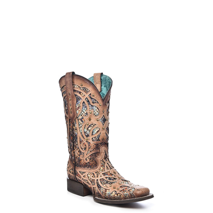 Corral Womens Glittered Inlay Studs Bone/Multi Cowhide Cowboy Boots