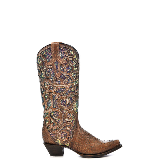 Corral Womens Purple Glitter Inlay Studded Brown Cowhide 13in Cowboy Boots