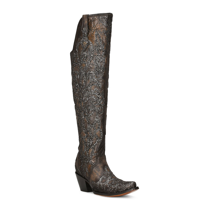 Corral Womens Black Glitter Overlay Brown Cowhide 22in Cowboy Boots