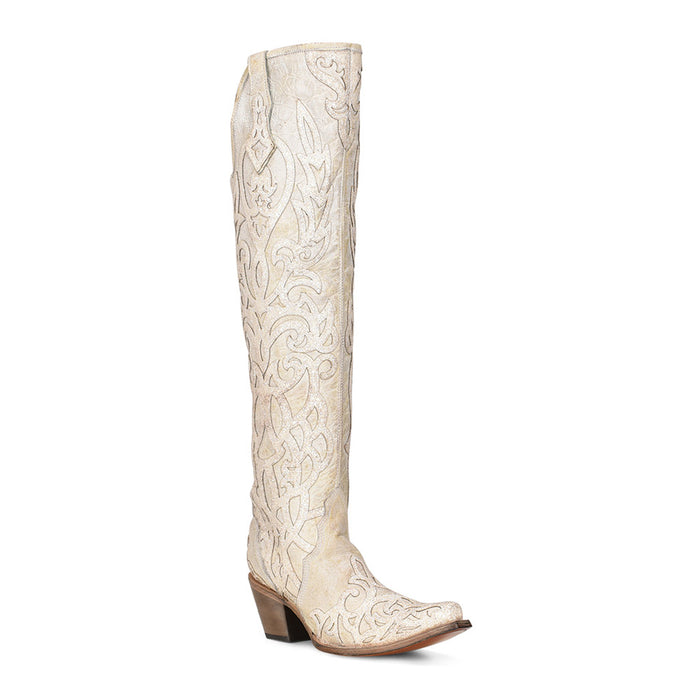 Corral Womens Beige Glitter Overlay White Cowhide 22in Cowboy Boots