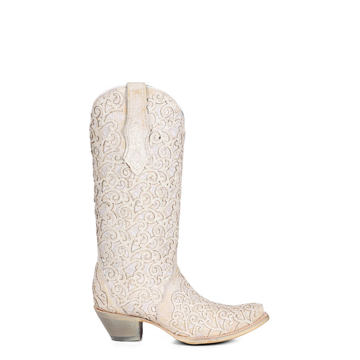 Corral Womens Glitter Overlay Triad Snip Toe White Cowhide 13.5in Cowboy Boots