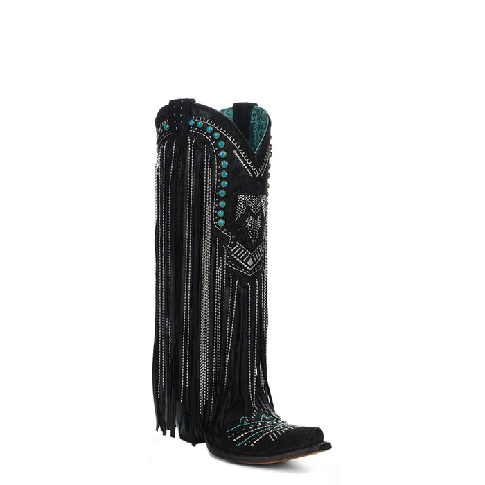 Corral Womens Crystal Eagle Lamb Fringe Black Cowhide 14in Cowboy Boots