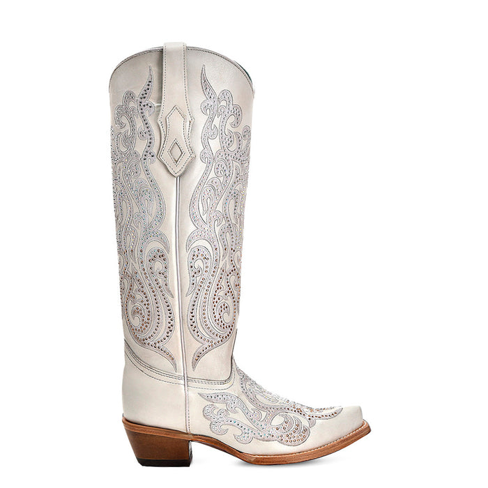 Corral Womens Tall Crystal Overlay Snip White Cowhide 16in Cowboy Boots