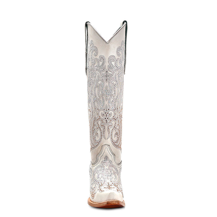 Corral Womens Tall Crystal Overlay Snip White Cowhide 16in Cowboy Boots