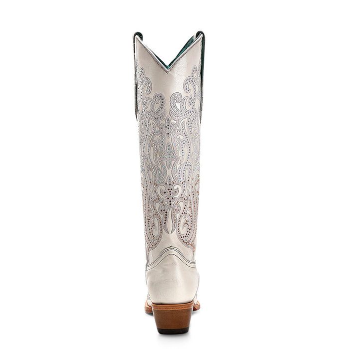 Corral Womens Tall Crystal Overlay Snip White Cowhide 16in Cowboy Boots