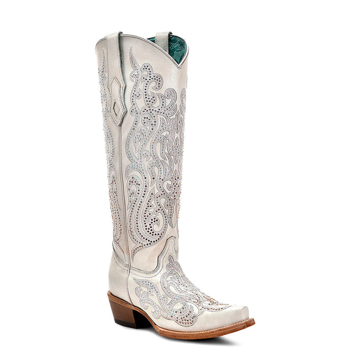 Corral Womens Tall Crystal Overlay Snip White Cowhide 16in Cowboy Boots