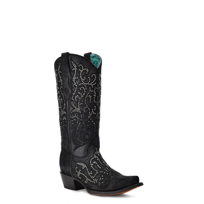 Corral Womens Tall Crystal Overlay Snip Black Cowhide 13in Cowboy Boots