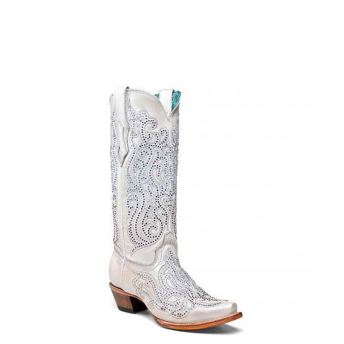 Corral Womens Tall Crystal Overlay Snip White Cowhide 13in Cowboy Boots