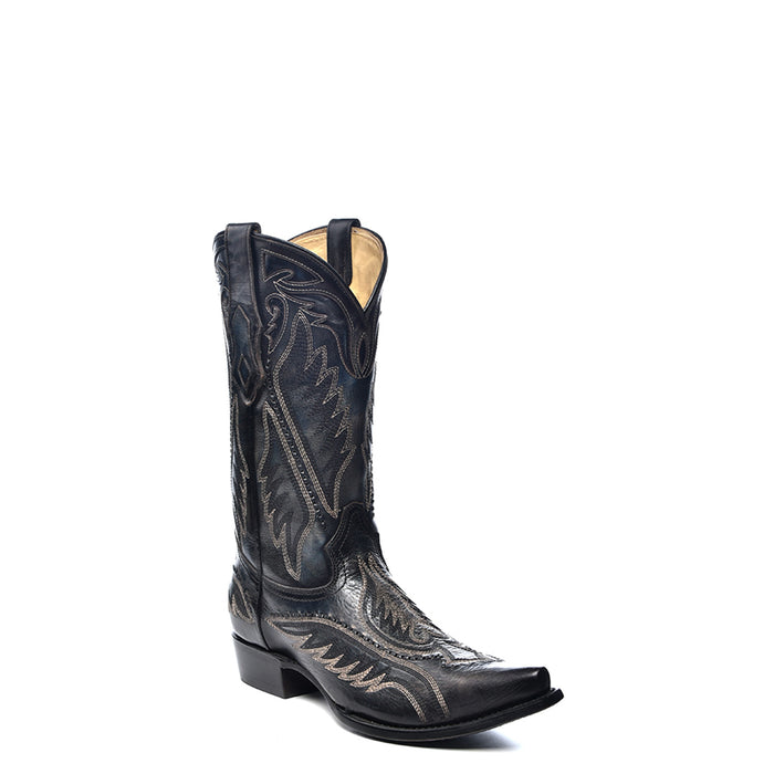 Corral Mens Woven Detail Snip Toe Black Cowhide Leather 12.5in Cowboy Boots