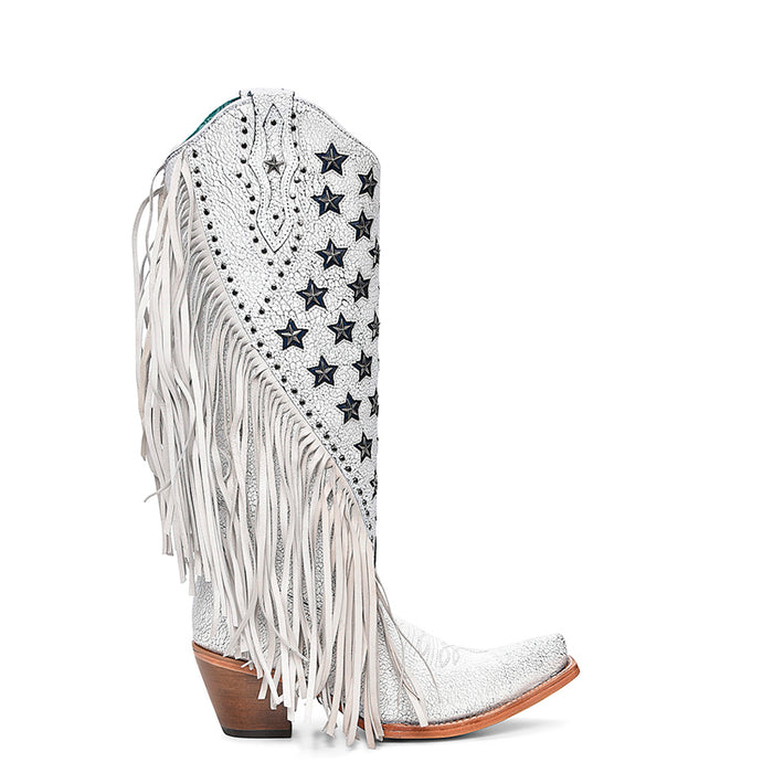 Corral Womens Luminescent Stars Lamb Fringe White Cowhide 15.5in Cowboy Boots