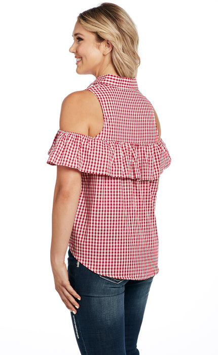 Cowgirl Up Womens Red/White 100% Cotton Gingham Flounce Tank Top S/L