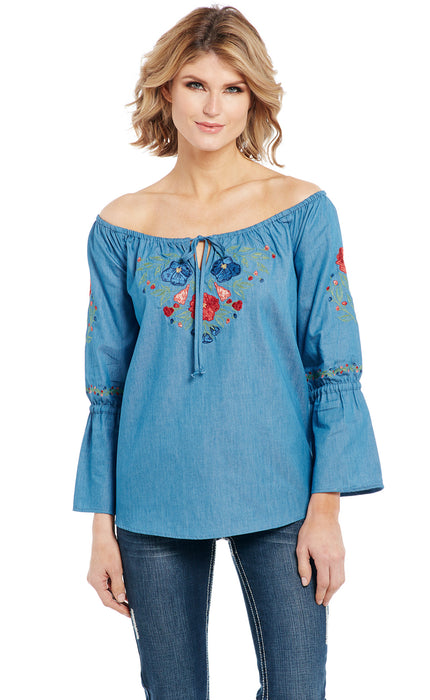 Cowgirl Up Womens Blue Cotton Blend Off-the-Shoulder Floral Tunic L/S