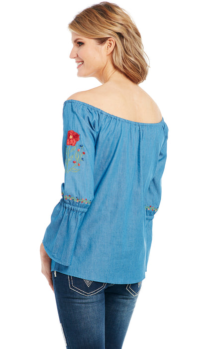 Cowgirl Up Womens Blue Cotton Blend Off-the-Shoulder Floral Tunic L/S