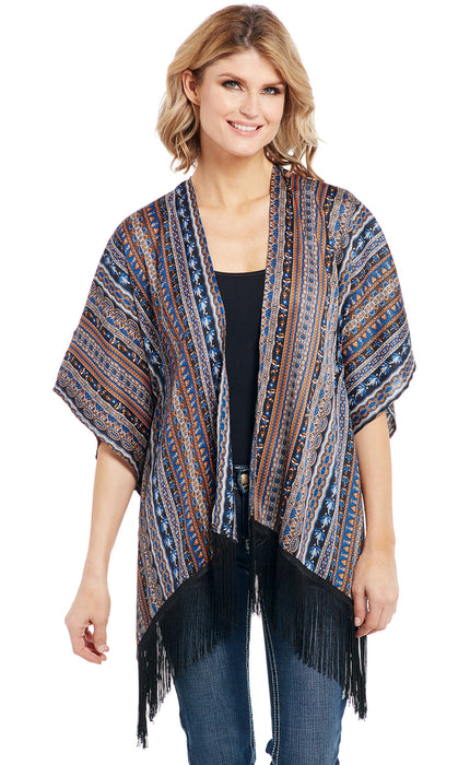 Cowgirl Up Womens Multi-Color Polyester Fringe Hem Kimono Cardigan S/S