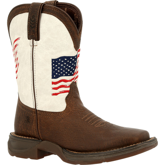 Durango Kids Unisex Lil Rebel Pull Up Flag Bay Brown/White Leather Cowboy Boots