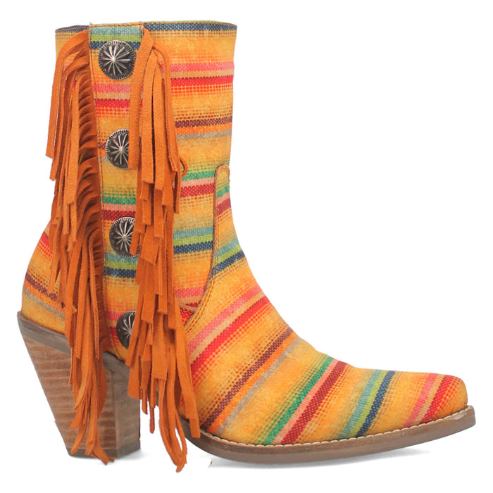 Dingo Womens Chili Pepperie Yellow Multi Textile Fringe Ankle Boots