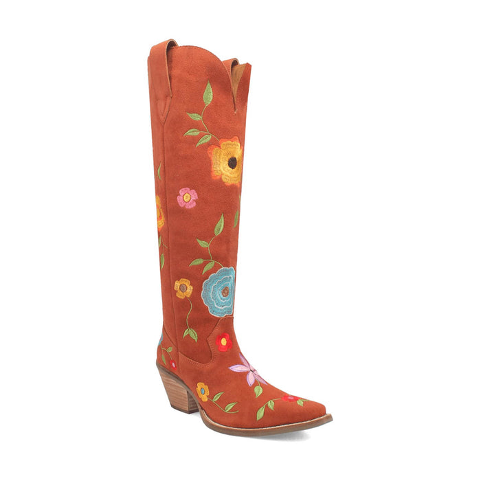 Dingo Womens Flower Power Rust Suede Cowboy Boots