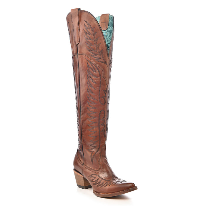 Corral Womens Tall Top Embroidery J Toe Cognac Cowhide 21in Cowboy Boots