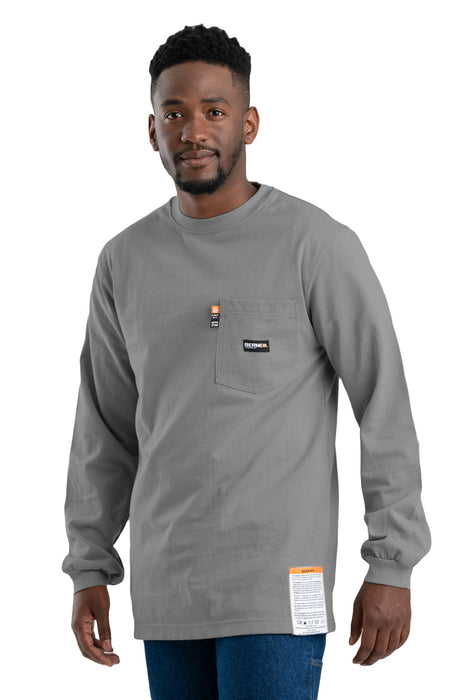 Berne Mens FR Crew Neck Pocket Grey 100% Cotton L/S T-Shirt