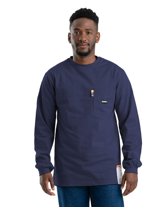 Berne Mens Flame Resistant Crew Neck Pocket Navy 100% Cotton L/S T-Shirt