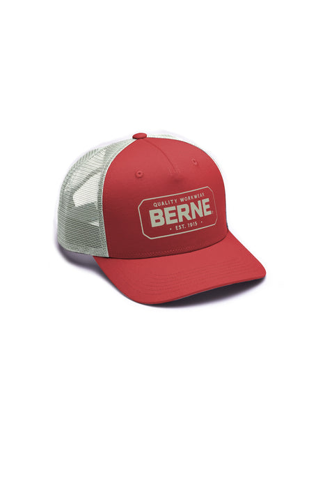 Berne Unisex Badge Logo Deep Red 100% Cotton Vintage Rectangle Trucker Cap